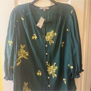 Free People Teal Top with Yellow Floral Embroidery